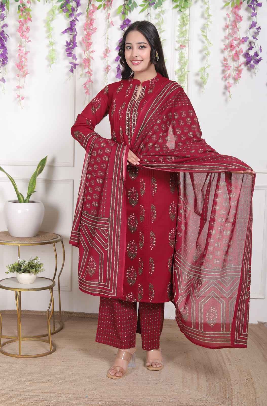 Maroon Pintucks Cotton Kurta Set for Women